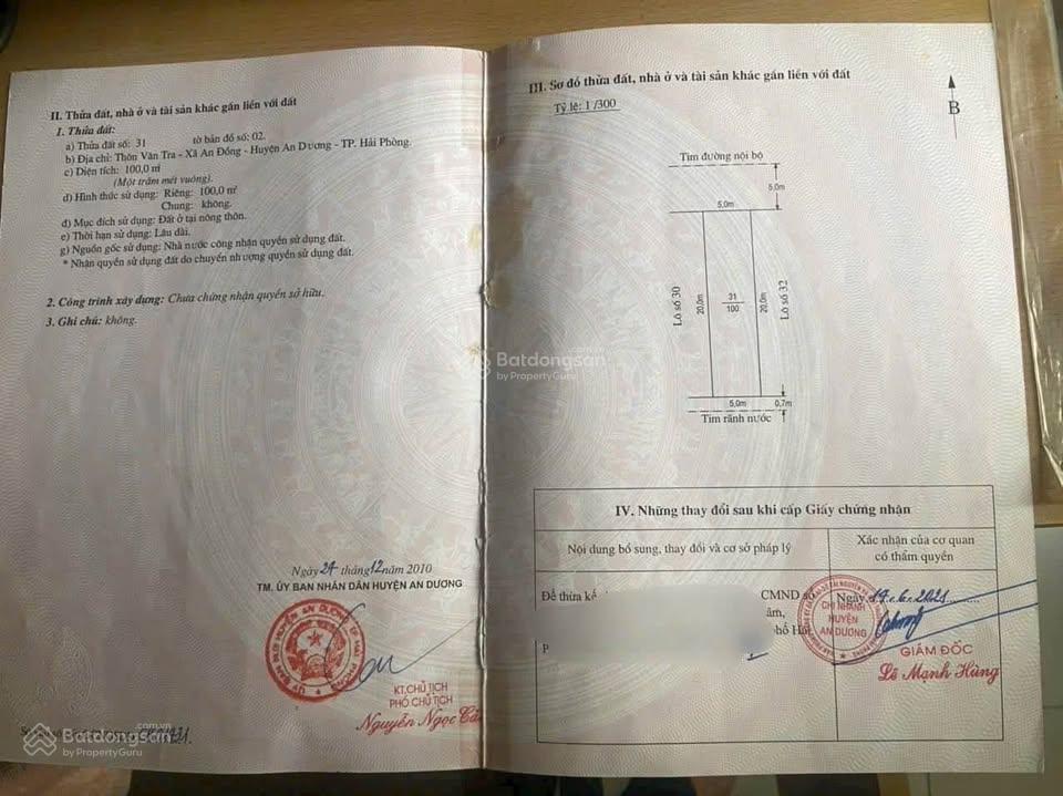 bán lô đất 100m2 tại bãi huyện Vân Tra An Đồng An dương