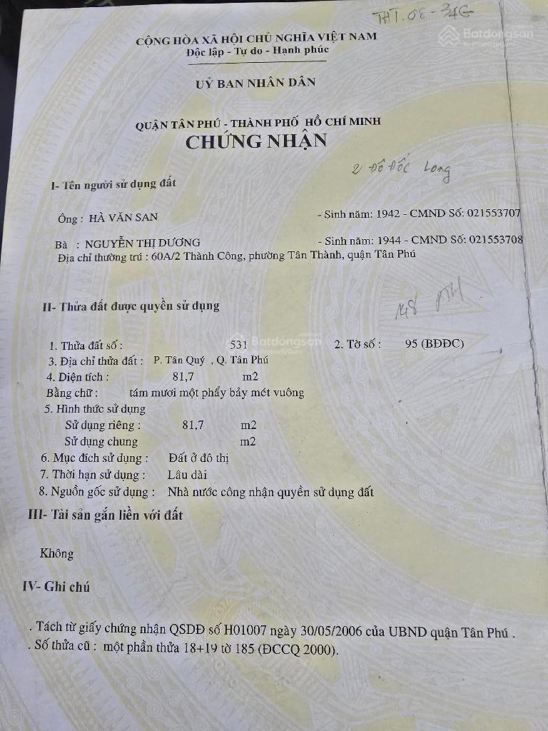 Mặt Tiền Tân Phú, đường 8m, gần chợ Tân Hương - Đất gần Tân Sơn Nhì, Tân Hương - Ngang 4.3x19m,