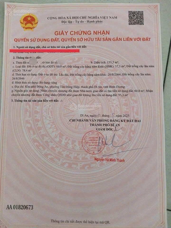 Bán rẻ đất lớn Tân Đông Hiệp Dĩ An ngang 7m