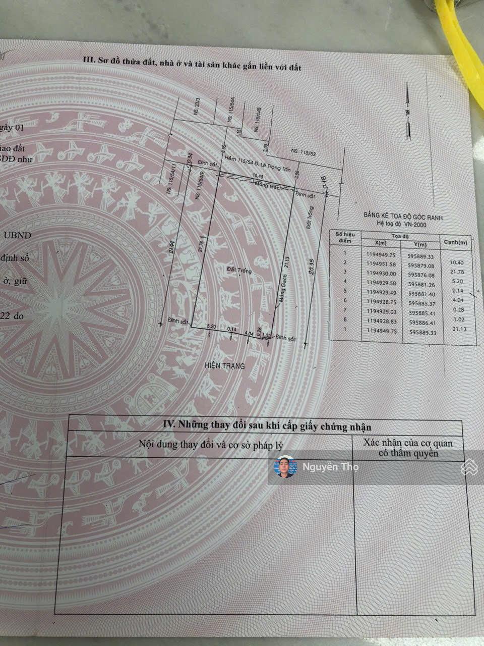 Bán Đất Hẻm 115 Đường Lê Trọng Tấn Đối Diện Đại Học Công Thương. Dt 10.5 x 21m Giá 19 tỷ