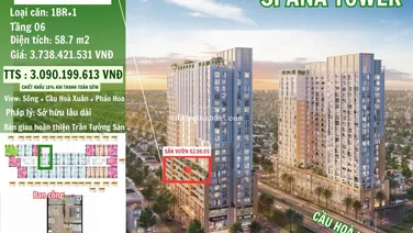 ~ 3.2 tỷ - căn 1PN+1 sân vườn view pháo hoa - Spana Tower cầu Hoà Xuân