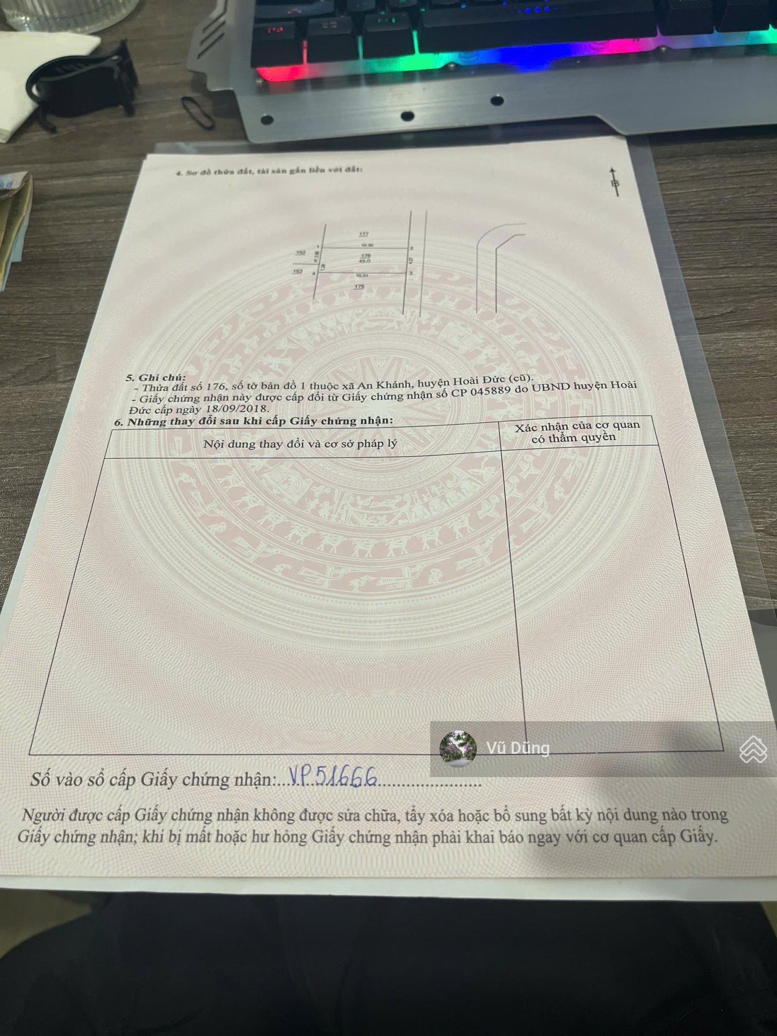 Bán đất dịch vụ Phú Vinh, Sơn Đồng, Hà Nội trước mặt vườn hoa, ô tô đỗ ngày đêm | 45m², MT 4,37m