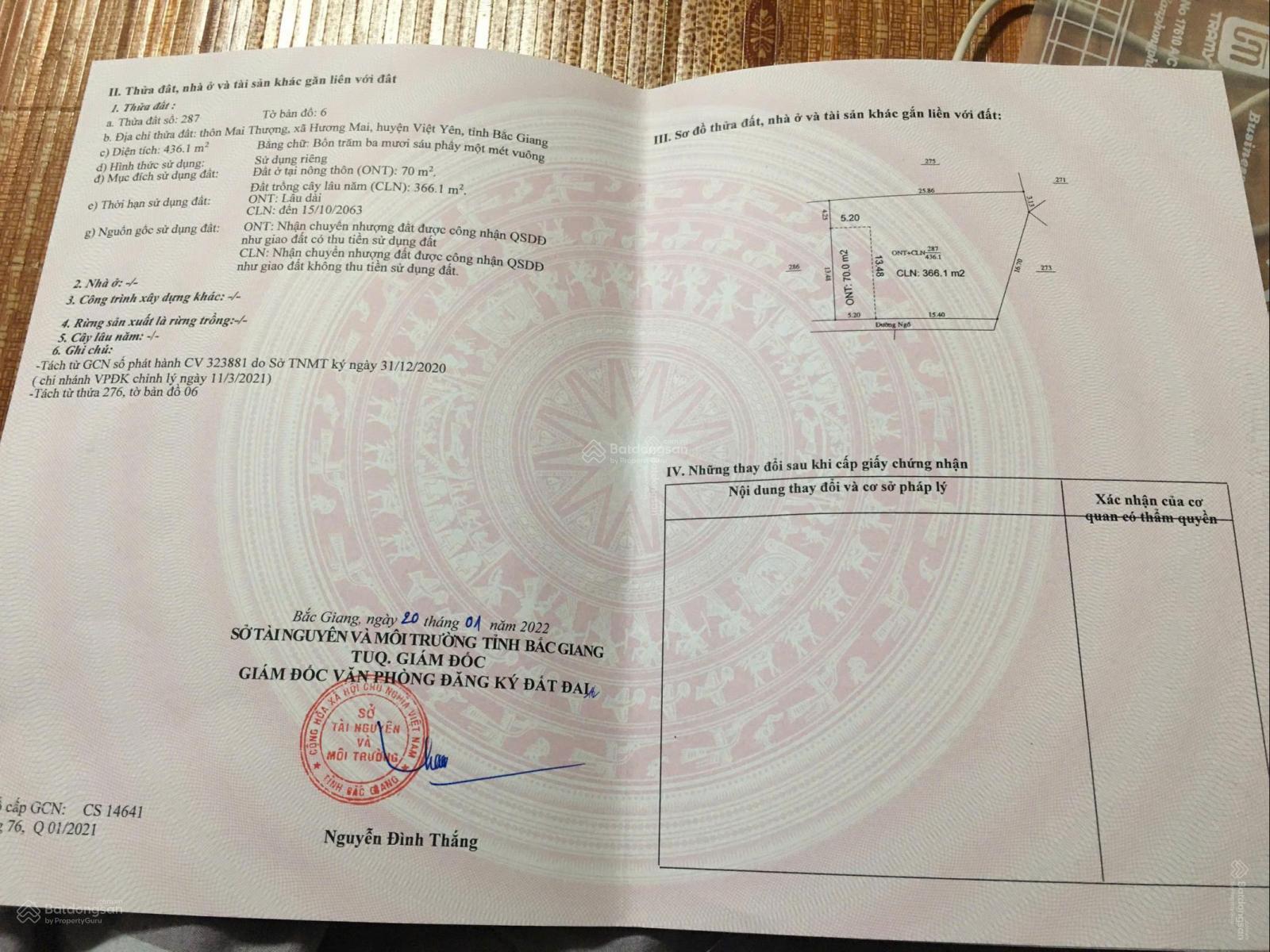 Bán đất tại Xã Hương Mai, Việt Yên, Bắc Giang, 2,3 tỷ, 436m2