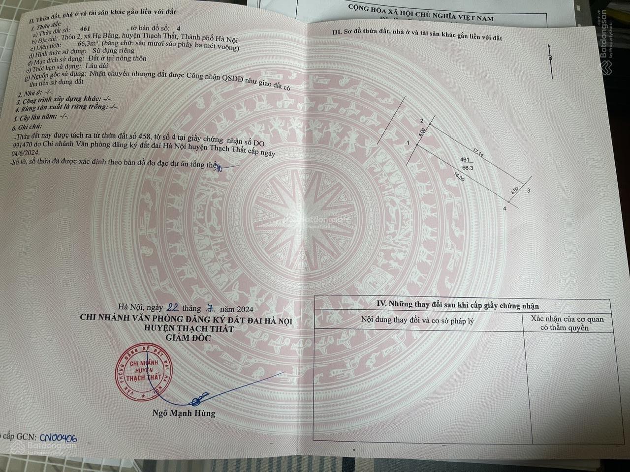 Bán đất 66.3m2 tại phố Hạ Bằng, Thạch Thất, Hà Nội, 52 triệu / m2