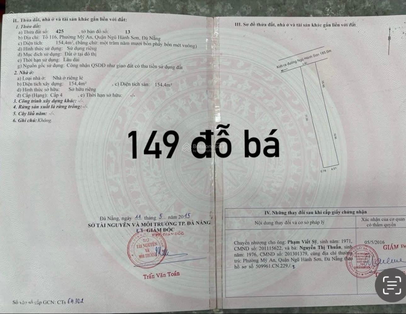 Đất đường 10m5 Đỗ Bá,Mỹ An, Nhs Diện tích 318 m2 giá 60 tỷ LH 0935 121 ***