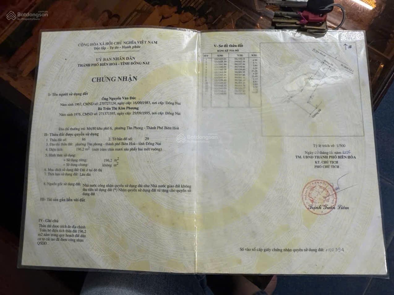 BÁN ĐẤT PHƯỜNG TÂN PHONG GẦN NGUYỄN ÁI QUỐC DT: 196m sổ riêng, thổ cư 100% chính chủ