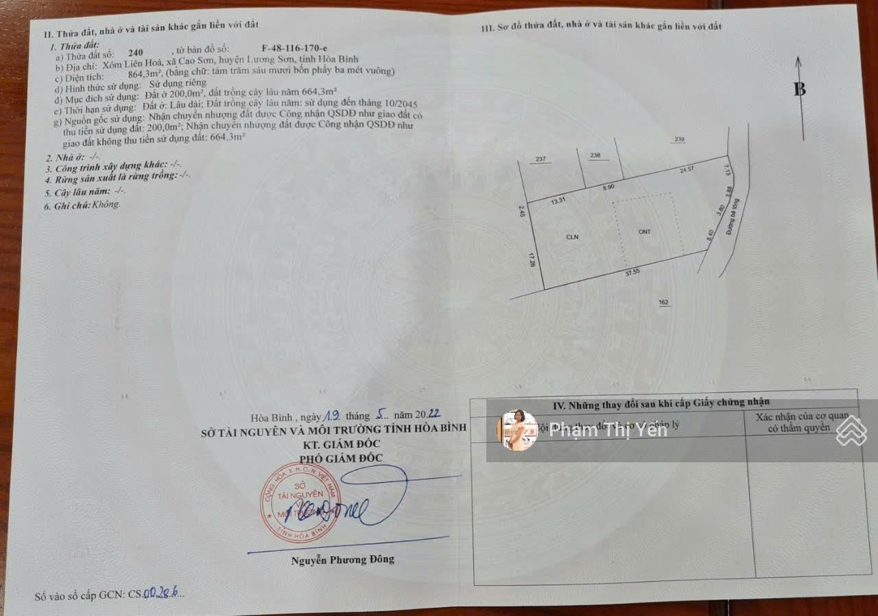 Cần bán lô đất đẹp toạ lạc tại Liên Hoà - Lương Sơn. DT 864m có 200m ONT. Giáp ranh Cư Yên