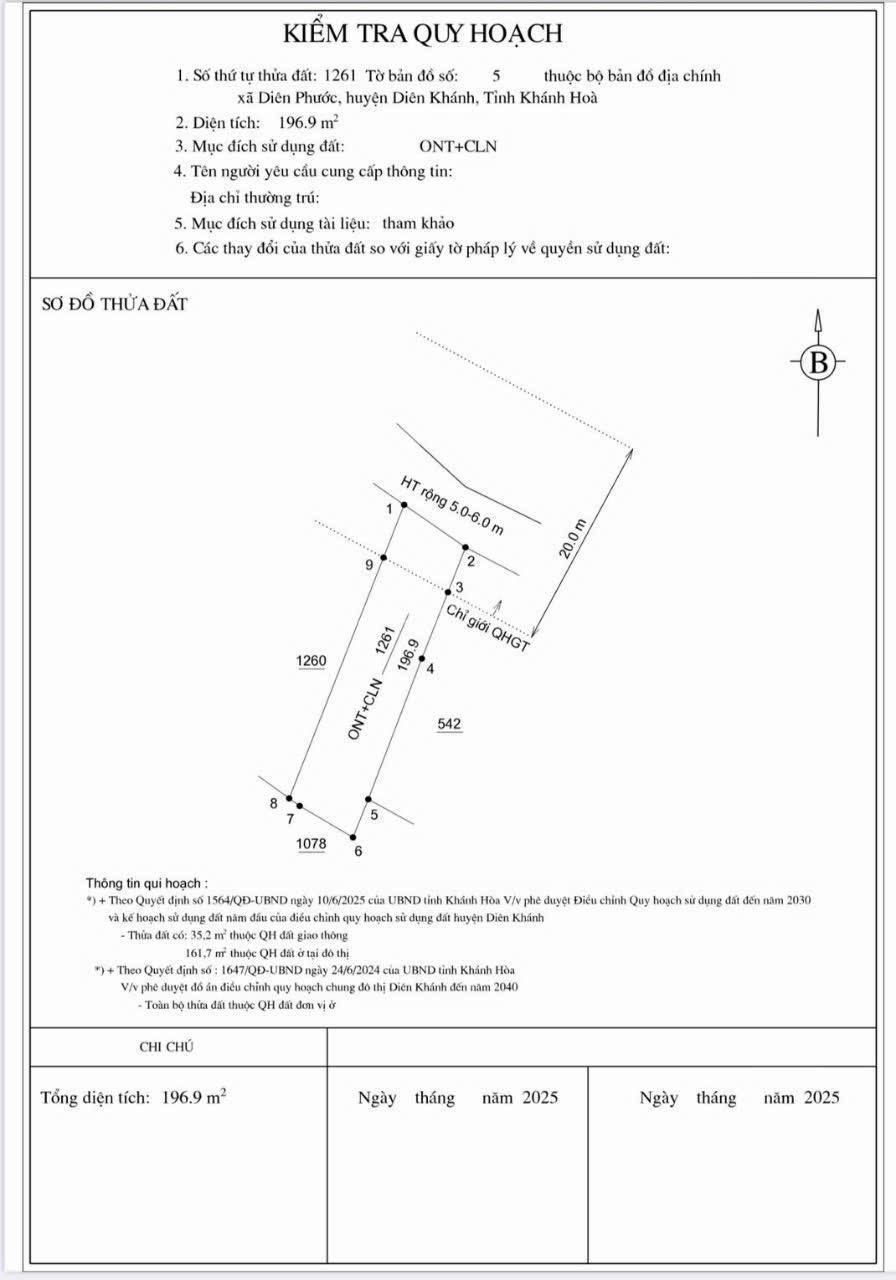 Đất Diên Khánh mặt tiền đường nhựa 6m dt 197m2 ngang 7m ở Trung tâm Diên Phước