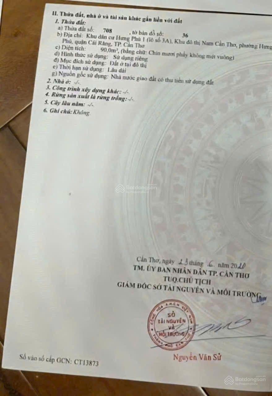 Bán đất tại Hoàng Văn Thái, Hưng Phú, Cái Răng, Cần Thơ, 8,5 tỷ, 90m2 - Hàng hiếm chính chủ