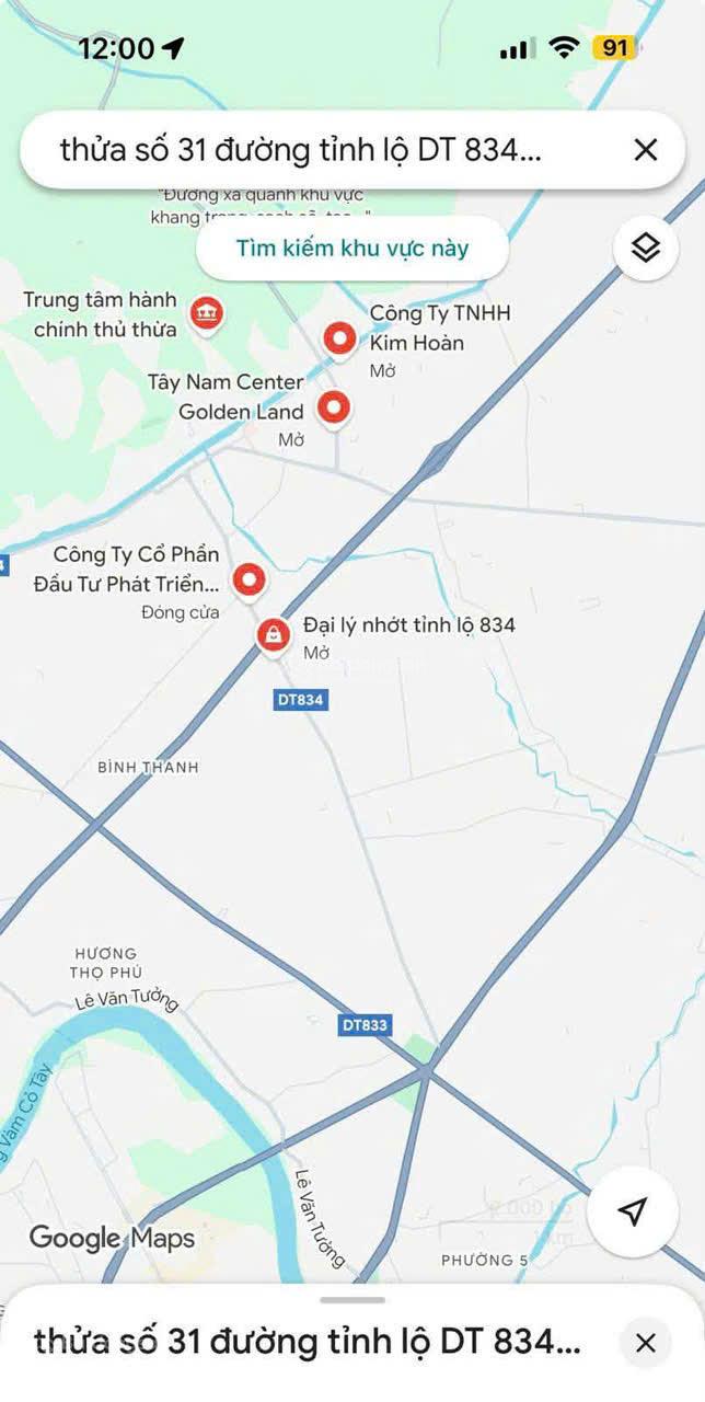 Bán đất ruộng 5,205m2 - Giá 19,3 tỷ - Mặt tiền đường ĐT834, huyện Thủ Thừa, tỉnh Long An