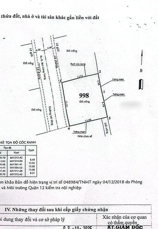 Bán lô đất 171/ Thạnh Xuân 52, Q12, gần cầu Phú Long, DT 15x13m, CN đủ, Full thổ cư, HXH 8m, 9.9tỷ