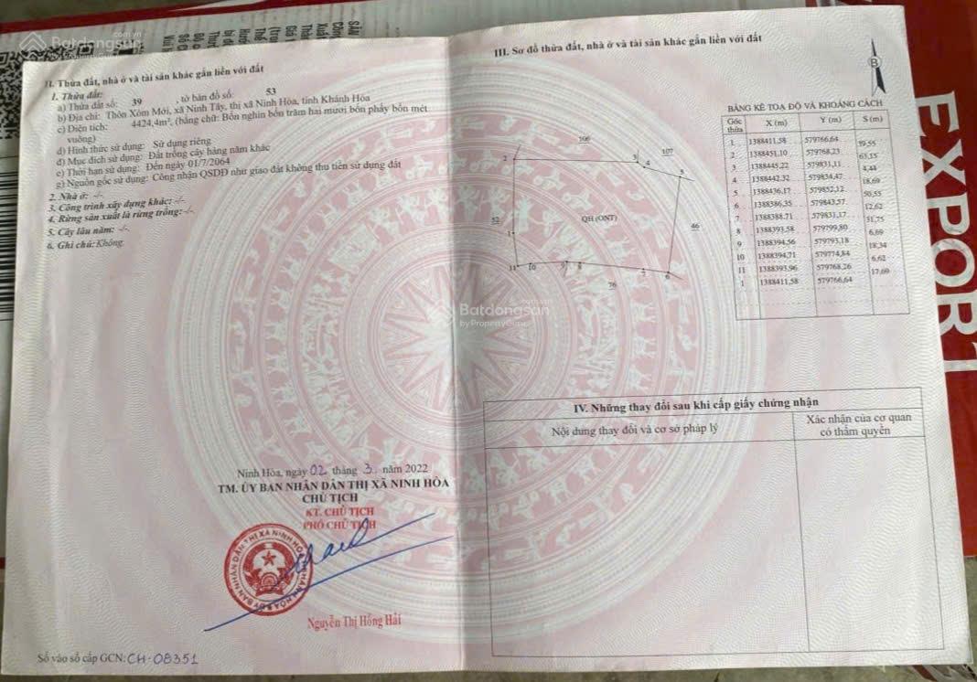 Đẩy nhanh 2 Lô đất liền kề diện tích 5.645 m2 Xã Tây Ninh Hòa, Khánh Hòa, có thổ cư