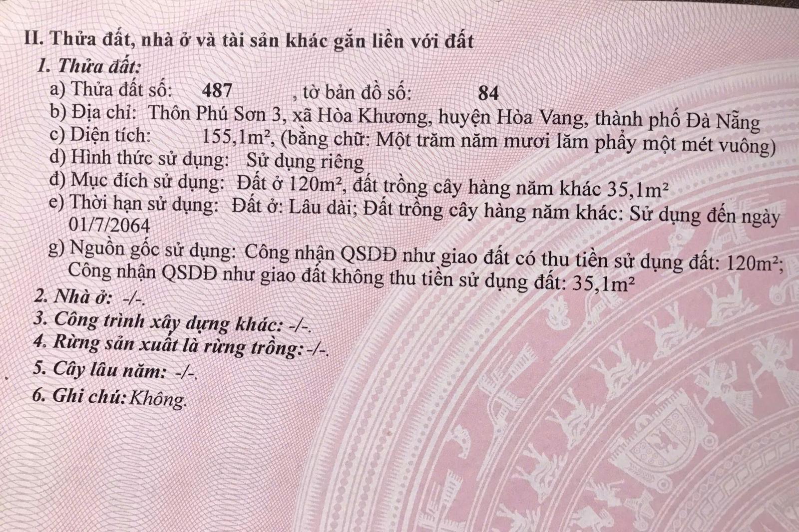 Chào bán lô đất Hoà Khương 155m2 ngang 7m5. Gần ngay UBND xã, trường học và chợ