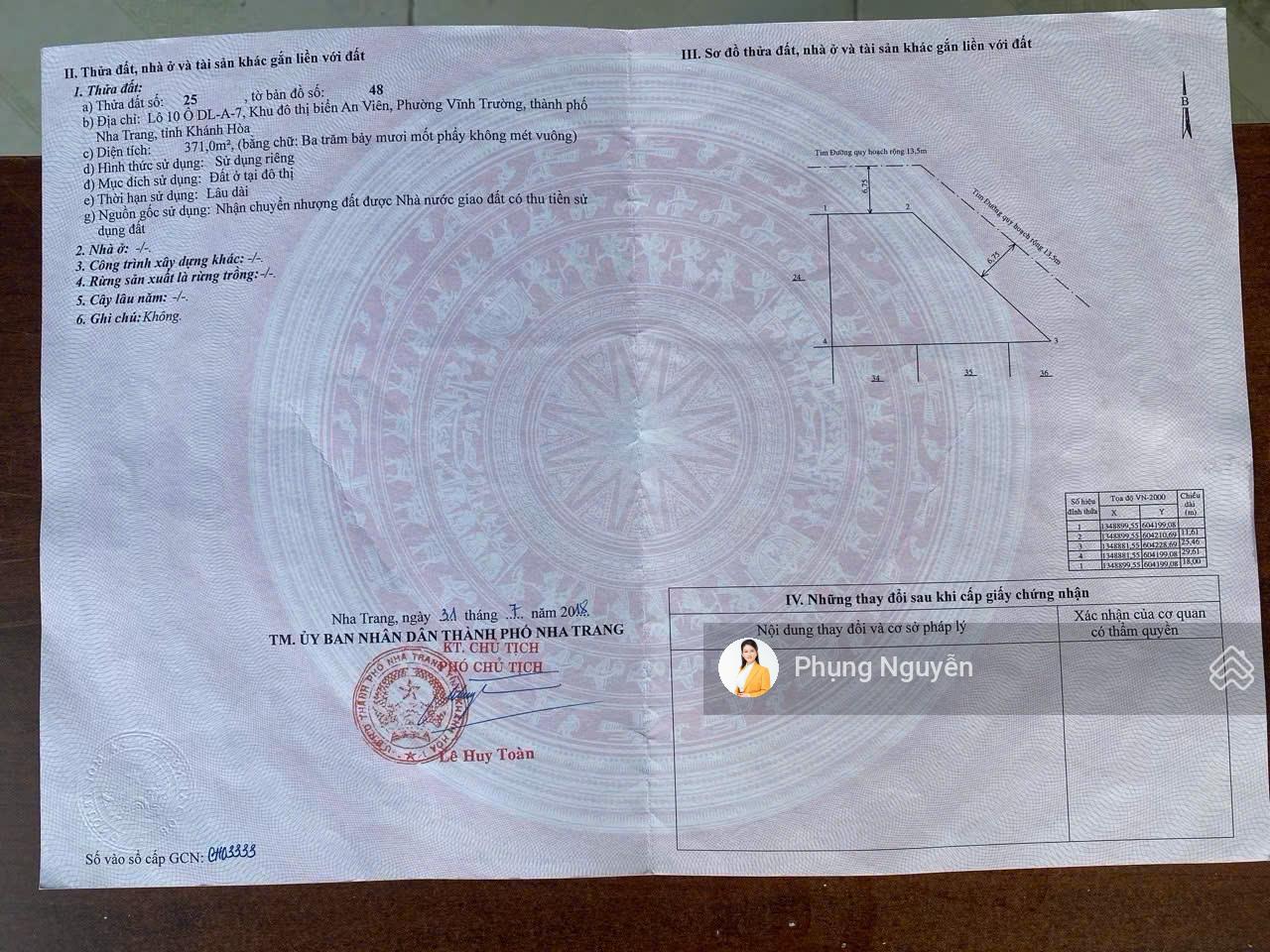 HÀNG NGỘP, Bán nhanh lô Góc 2 mặt tiền khu Kim Cương, An Viên Nha Trang, gần biển, 371m2, Chính Bắc