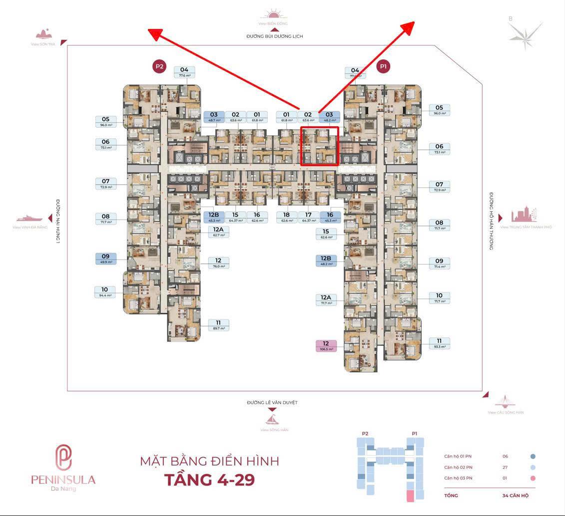 Hot! Duy nhất căn 2 phòng ngủ 63,6m2 giá tốt nhất giỏ hàng Peninsula - View biển Mỹ Khê + Sơn Trà