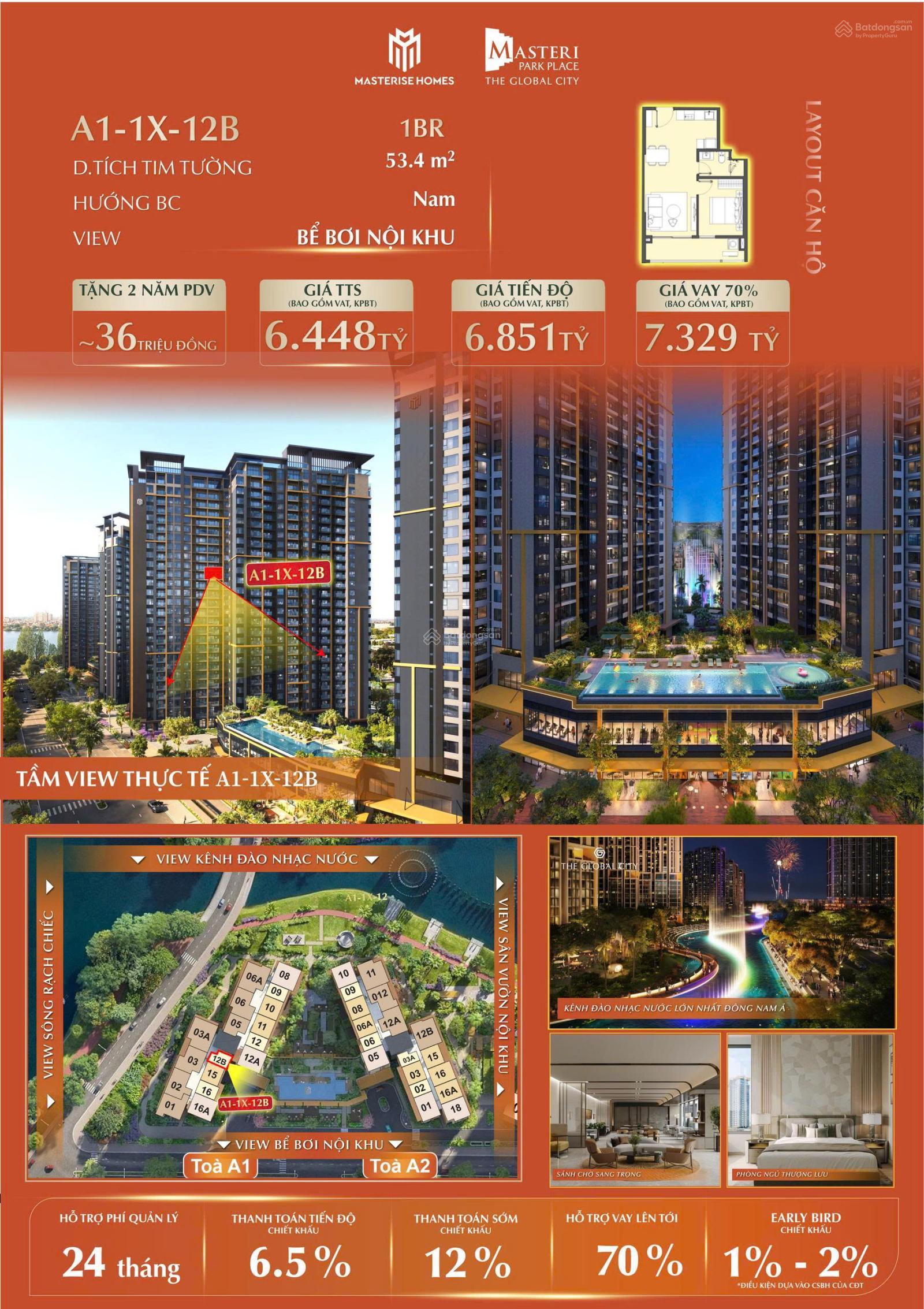 Cần bán căn hộ 1PN thuộc phân khu A1- Masteri Park Place giá tốt nhất chỉ 6tỷ4. giá CĐT