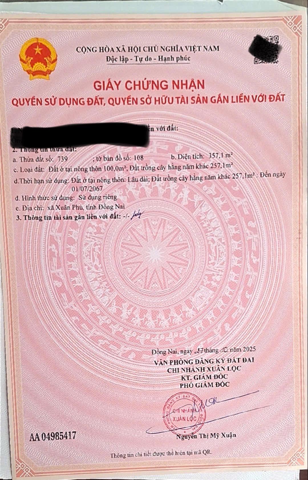 Nền 2 mặt tiền 12x30m, có 100m2 thổ cư