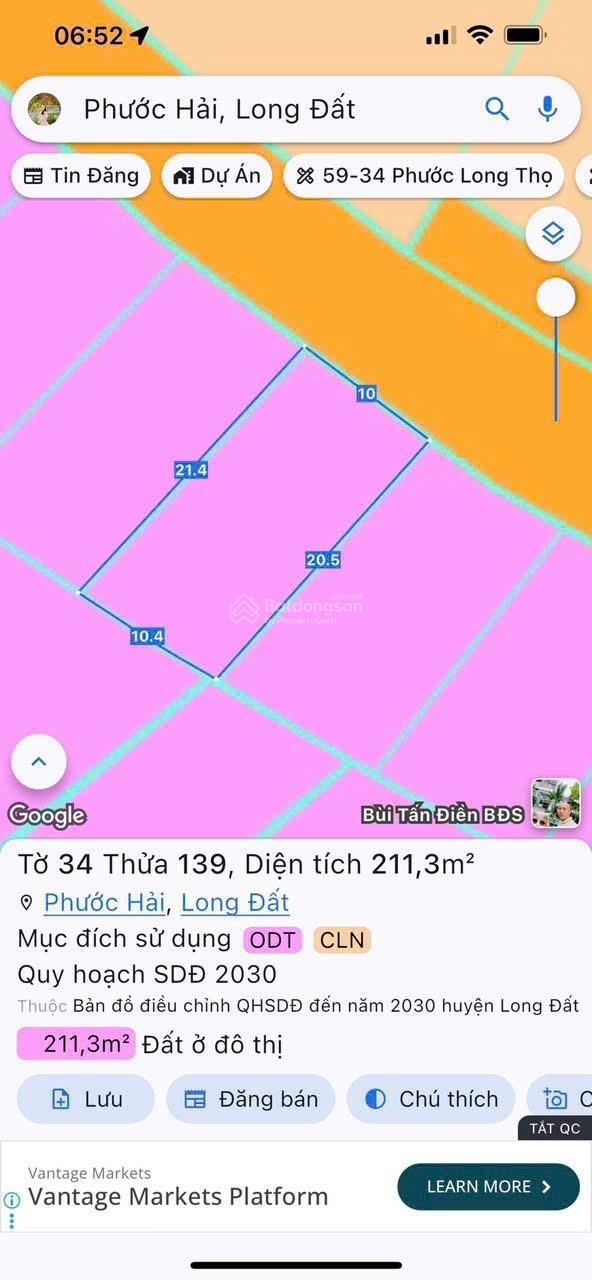 Bán đất biển Phước Hải 5km khu dân cư - đường nhựa tim vàng