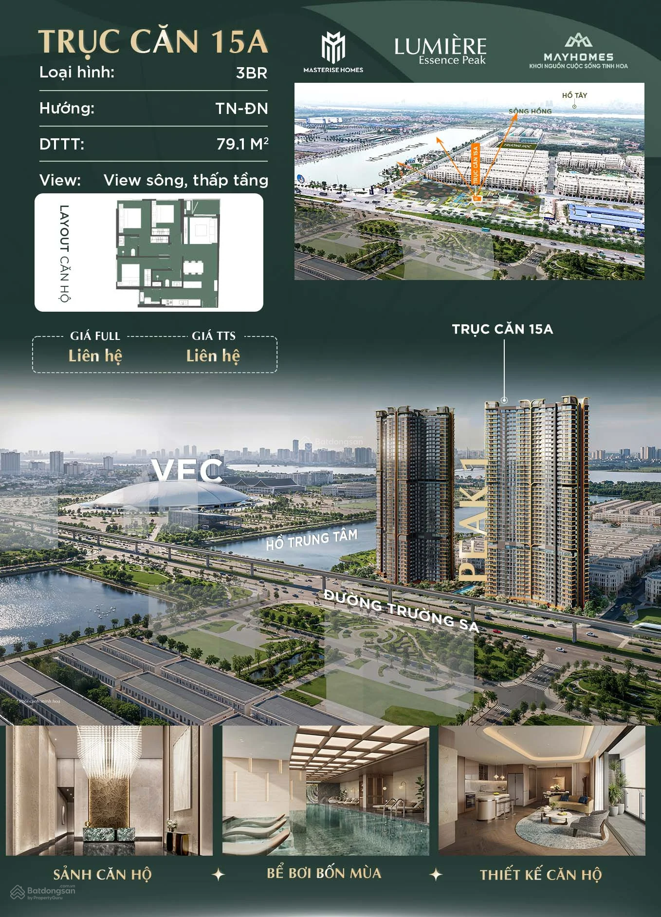 3PN 85,8m2 View Sông trục 15A; Giá tốt 10,87 tỷ LUMIÈRE ESSENCE PEAK tại Vinhomes Global Gate