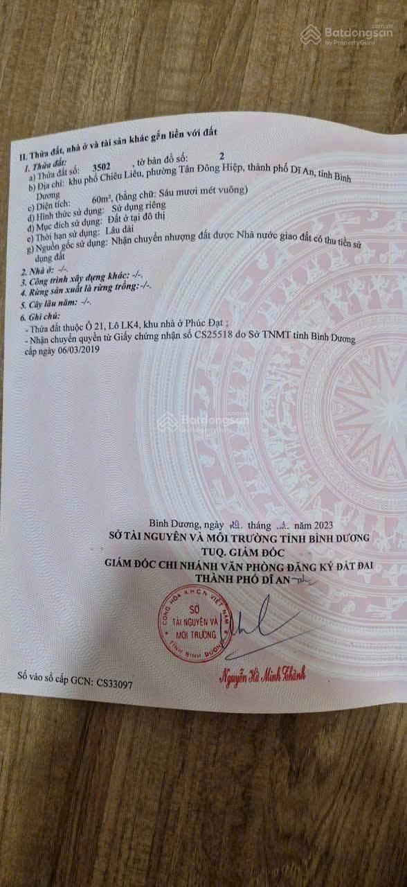 Lô đất 2 mặt tiền XD tự do KDC Phúc Đạt gần Vincom 550 Dĩ An - TP HCM; DT 60m2 (5m x 12m)