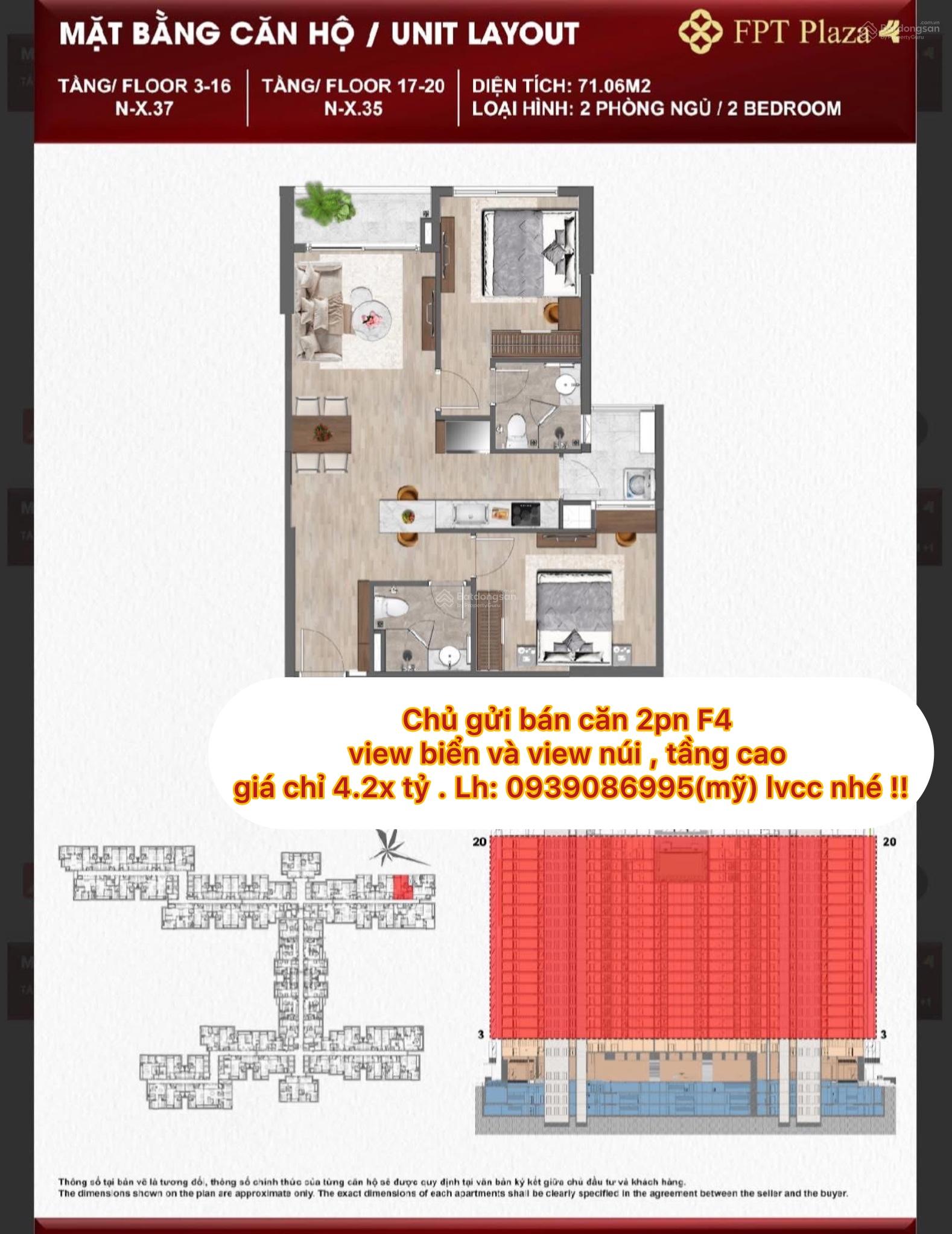 Cần bán căn 2pn kề góc Fpt plaza4 view biển và view núi