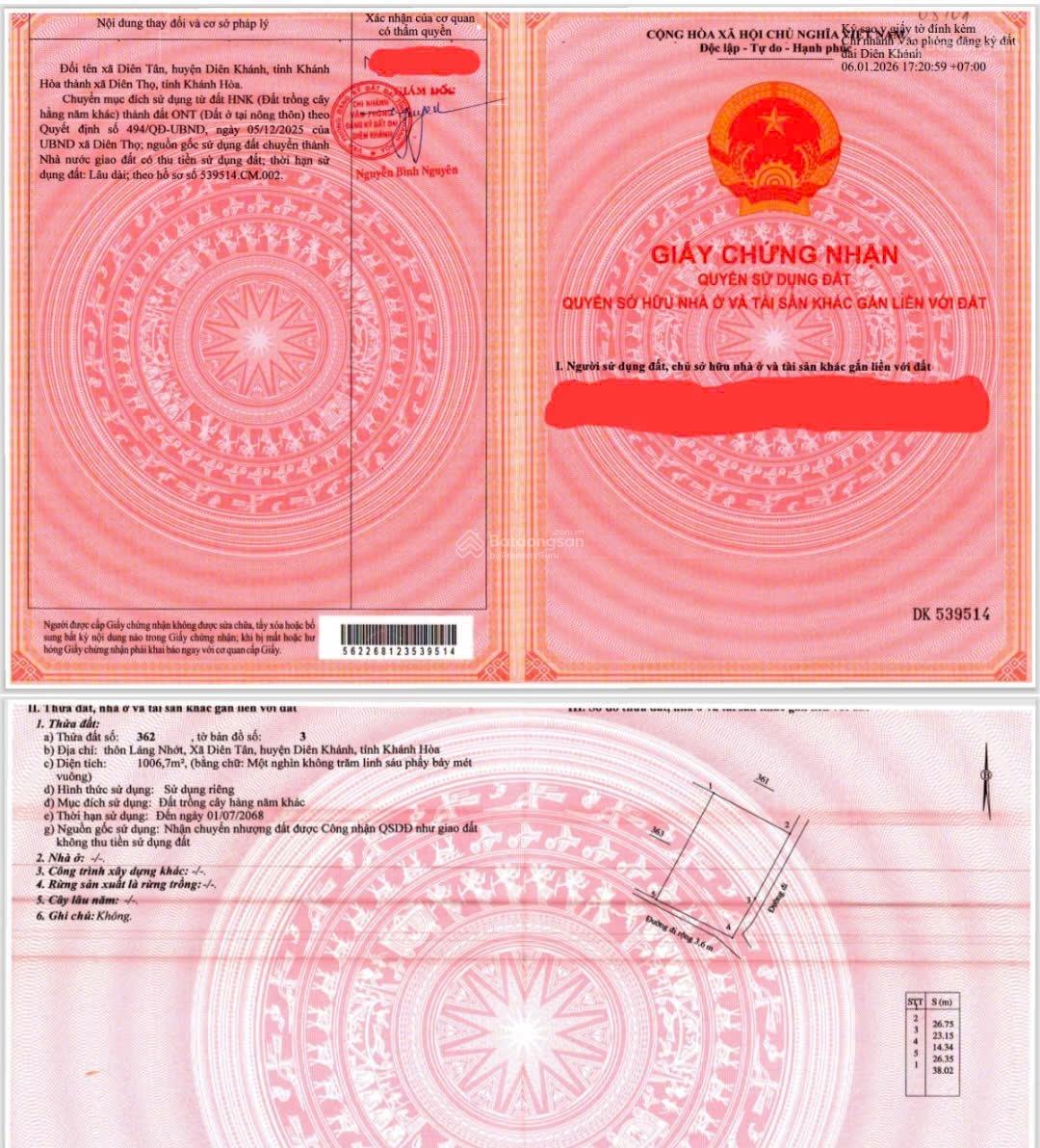 Bán Đất 2 Mặt Tiền Đường Full Thổ Cư Diên Tân Diên Khánh full Thổ Cư Phù Hợp Làm Vườn Hay Phân Lô