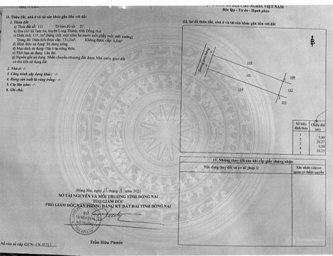 Lô đất 131.4m2, 5x26,3m trong khu dân cư Tam An, Long Thành Lô đất nằm gần Bùng Binh 75m ngay UBND
