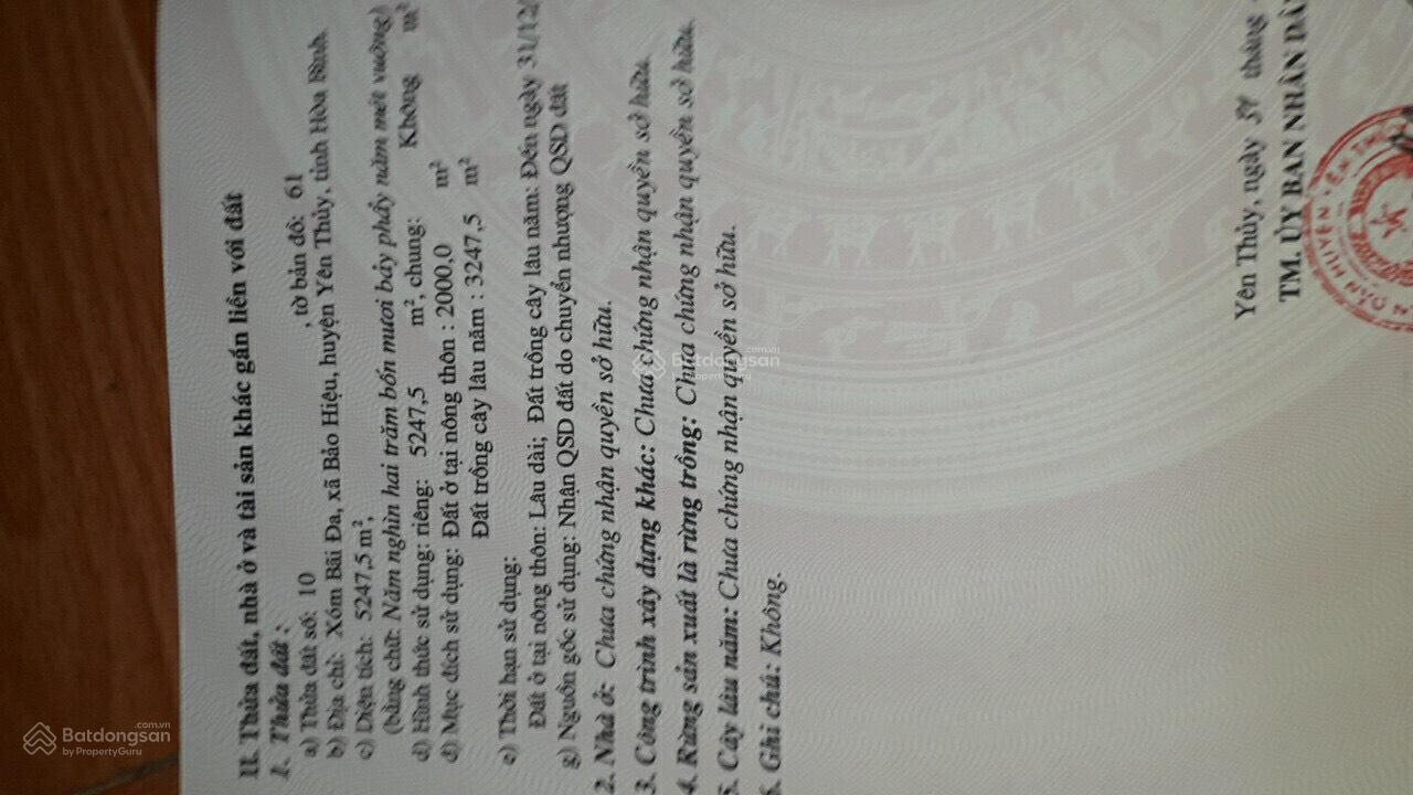 Bán đất Thổ Cư tại Xã Bảo Hiệu, Yên Thủy, Hòa Bình, 15 tỷ, 5247.5m2, thổ cư 2000m2