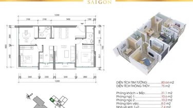 Bán căn hộ Eco Green Sài Gòn, 7,2 tỷ VND, 80m2, 3PN, 2WC, hướng Tây Bắc