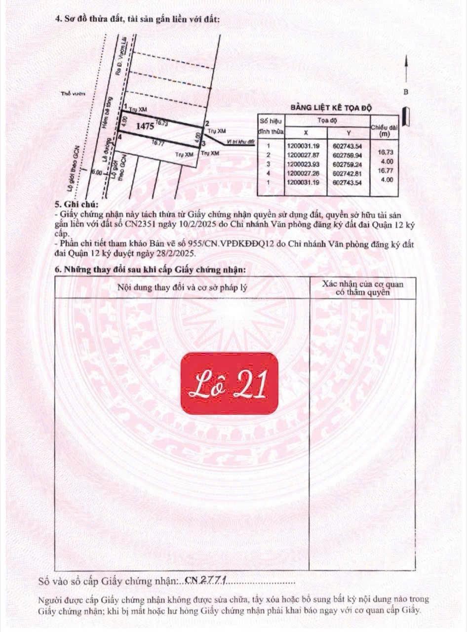 Bán Đất hẻm 114 thông qua hẻm 94 đường Vườn Lài , Diện tích : 4x16.5m đường 4m dự phóng 6m