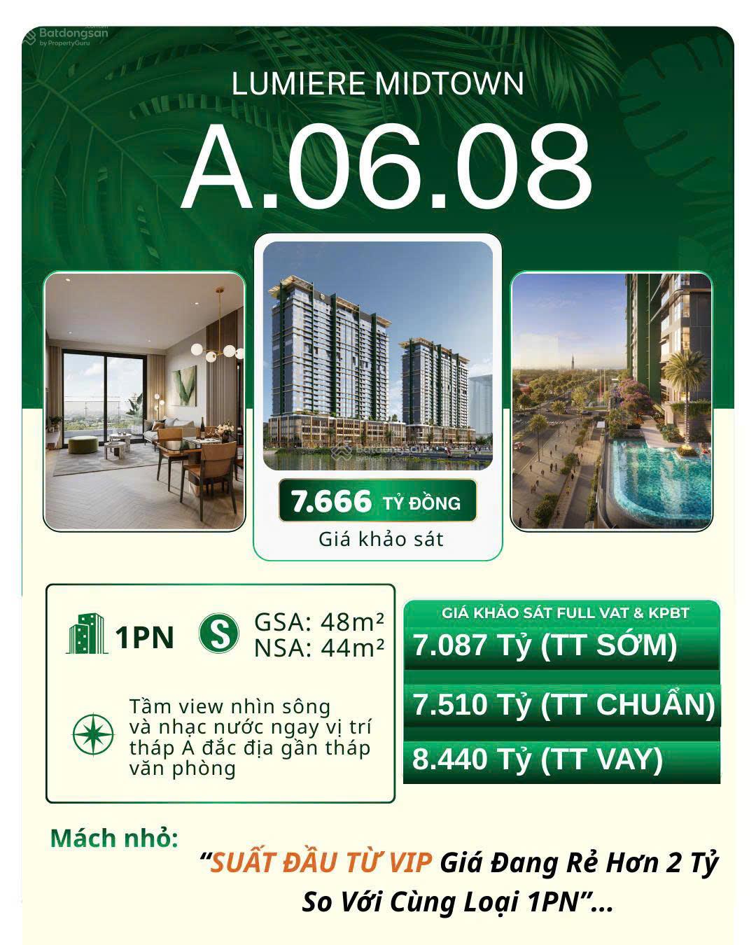 Cơ hội sở hữu 1PN Lumiere Midtown chỉ 7,087 tỷ - Giá tốt nhất giỏ hàng, mã căn đẹp, tầng phong thủy