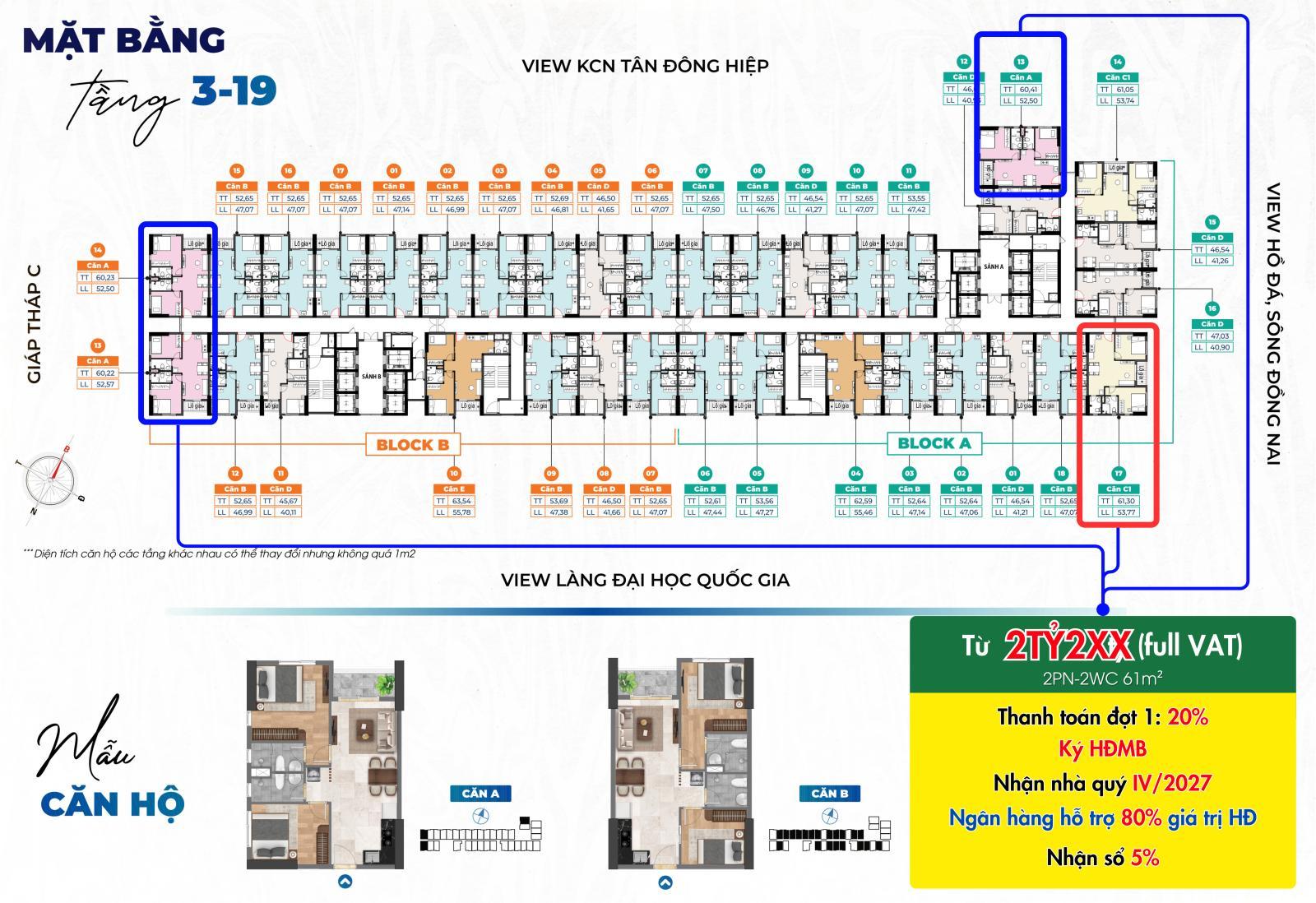 Giá bán mới nhất T3.2026 căn hộ Bcons Solary 2PN-1WC từ 1tỷ7. 2PN-2WC 52m2 từ 1tỷ890. 63m2 2tỷ3