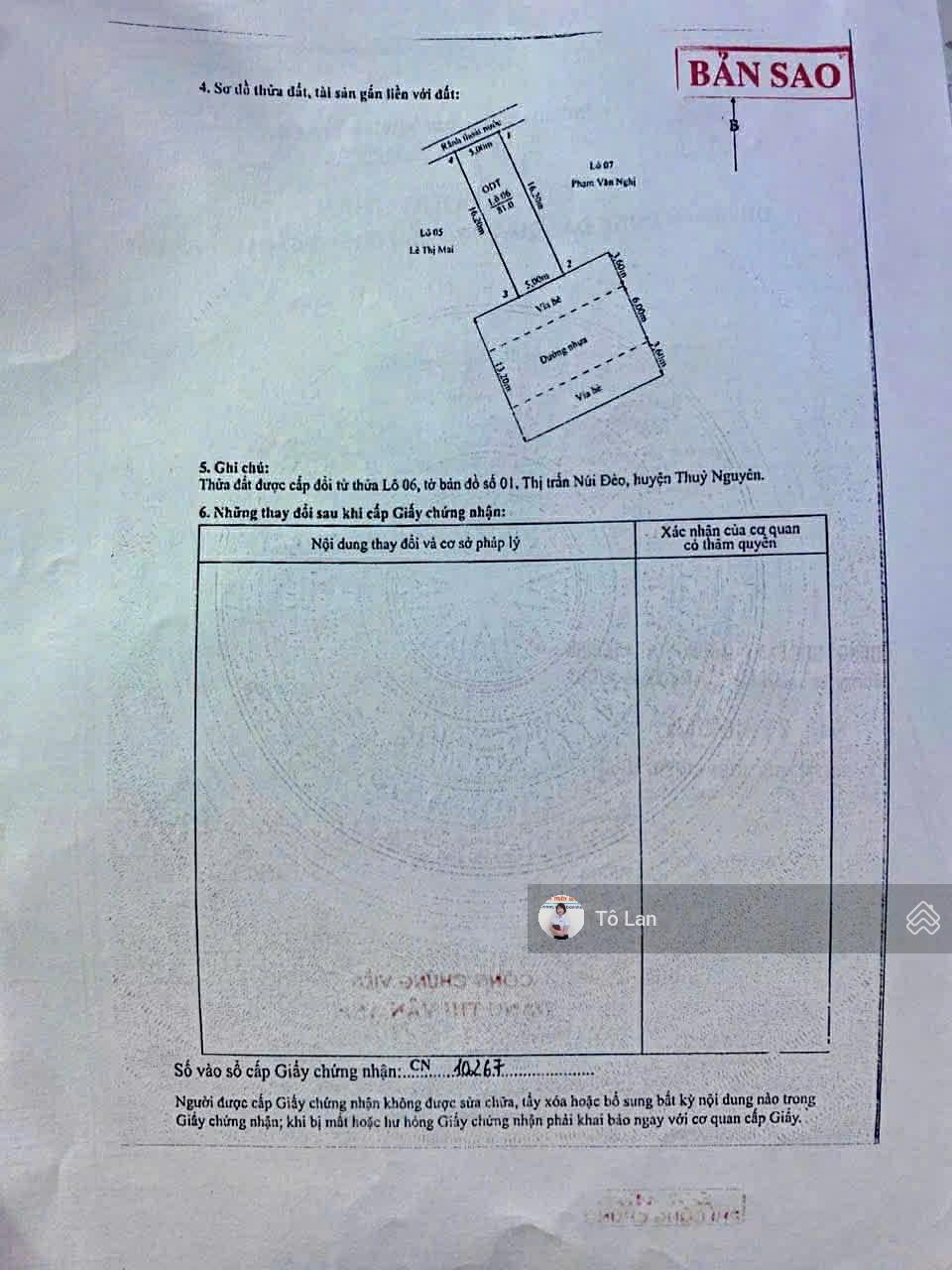 Bán 1 lô có 102 tại tuyến 1 Đồng Cau - Thị Trấn Núi Đèo cũ nay thuộc phường Thuỷ Đường