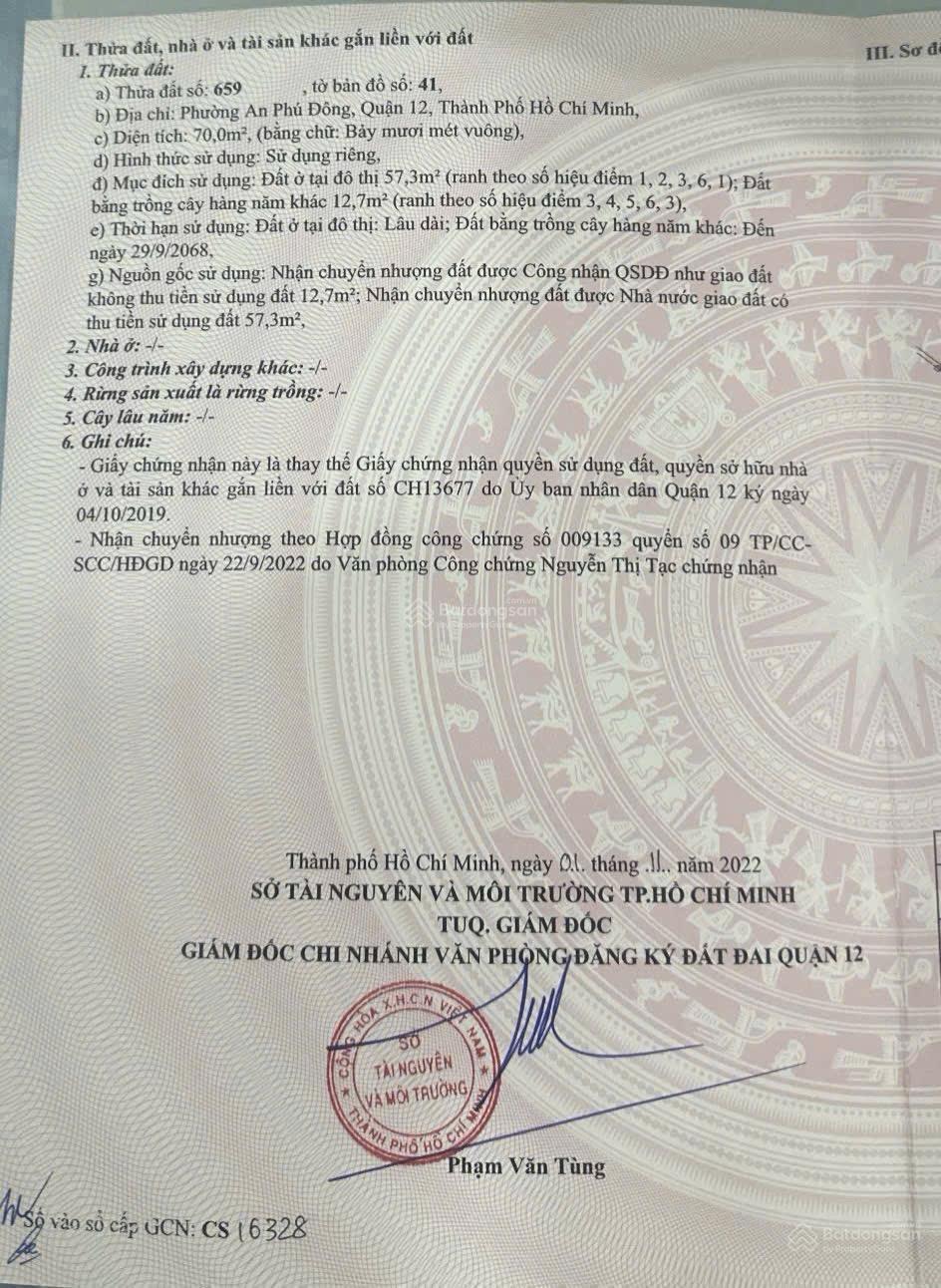 Bán Đất hẻm 92 đường Vườn Lài 70m2 (4 x 17.5), Thổ cư: 57.3m2 giảm còn: 4.32 tỷ