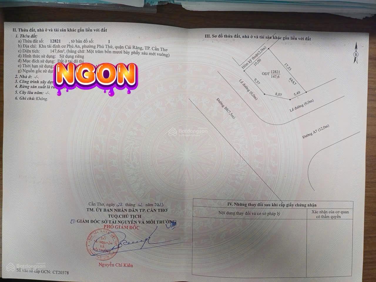 Bán nền gốc đường A7 Phú An DT 147,6m2 giá 4.1 tỷ