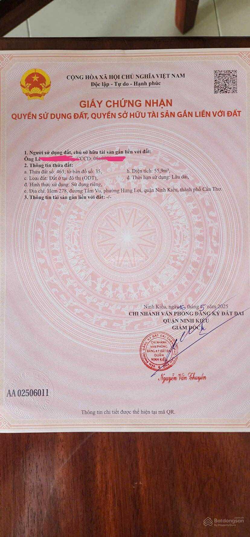 Bán đất 56 m2 hẻm 278 đường Tầm Vu 1,55 tỷ