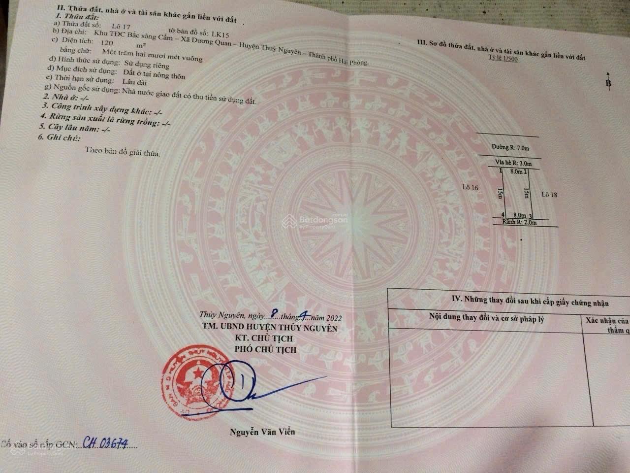 Bán Đất lô góc tại Thủy Nguyên, Hải Phòng, 55 triệu / m2, 120m ngang 8m, TDC BẮC SÔNG CẤM