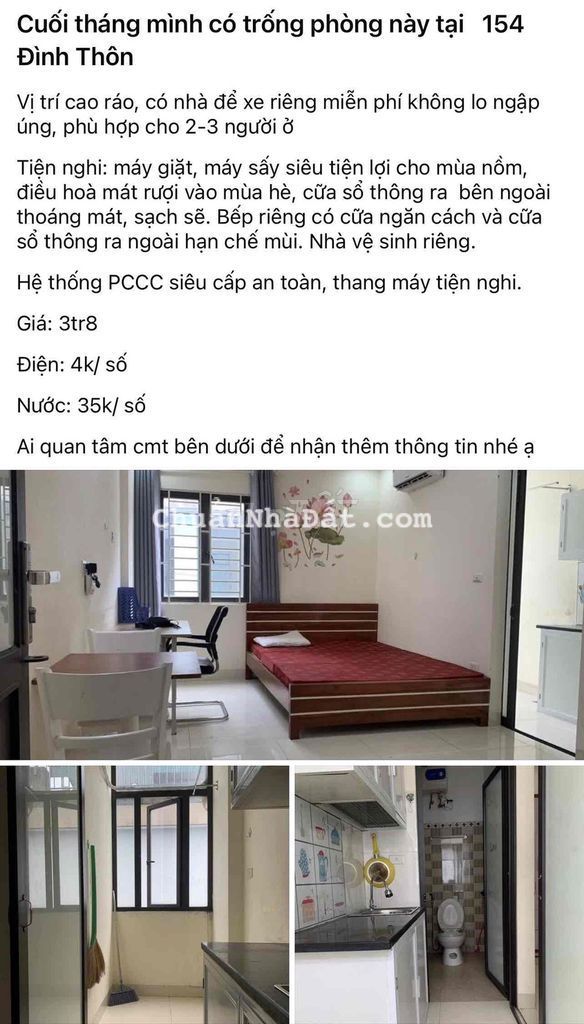 CHO THUÊ PHÒNG TRỌ ĐÌNH THÔN SẠCH SẼ 154 ĐÌNH THÔN