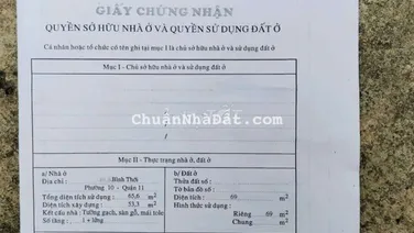 BÁN NHÀ 1/ BÌNH THỚI Q.11 - 2 TẦNG 5,5X13MM2 GẦN UBND Q.11 CỦ CHỈ 4xTỶ