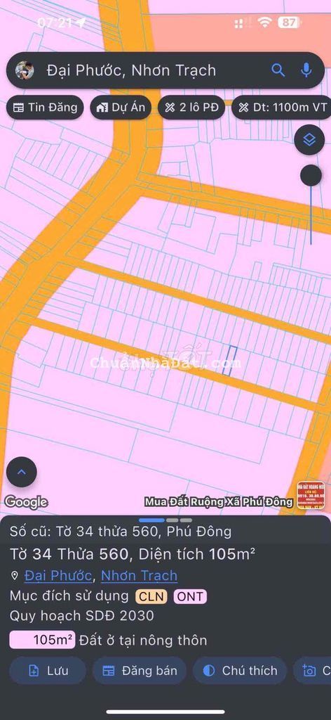 Bán đất 1/ Hùng Vương, đường xe hơi DT: 105 m2, Xã Phú Đông, Nhơn Trạc