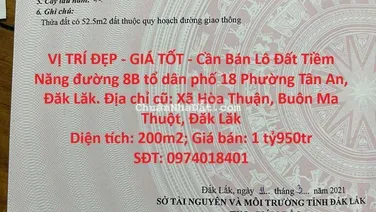 Cần Bán Lô Đất Tiềm Năng đường 8B tổ dân phố 18 Phường Tân An, Đăk Lăk