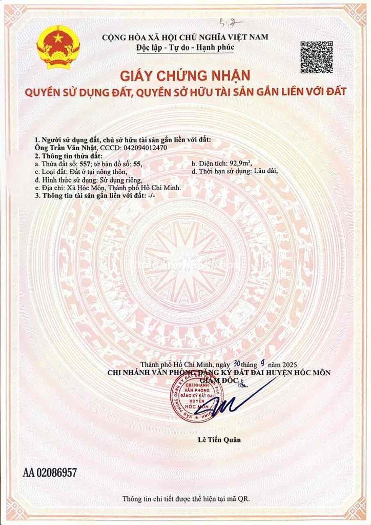 Bán đất thổ cư mặt tiền Đặng Thị Thanh (Tân Hiệp 16 cũ)