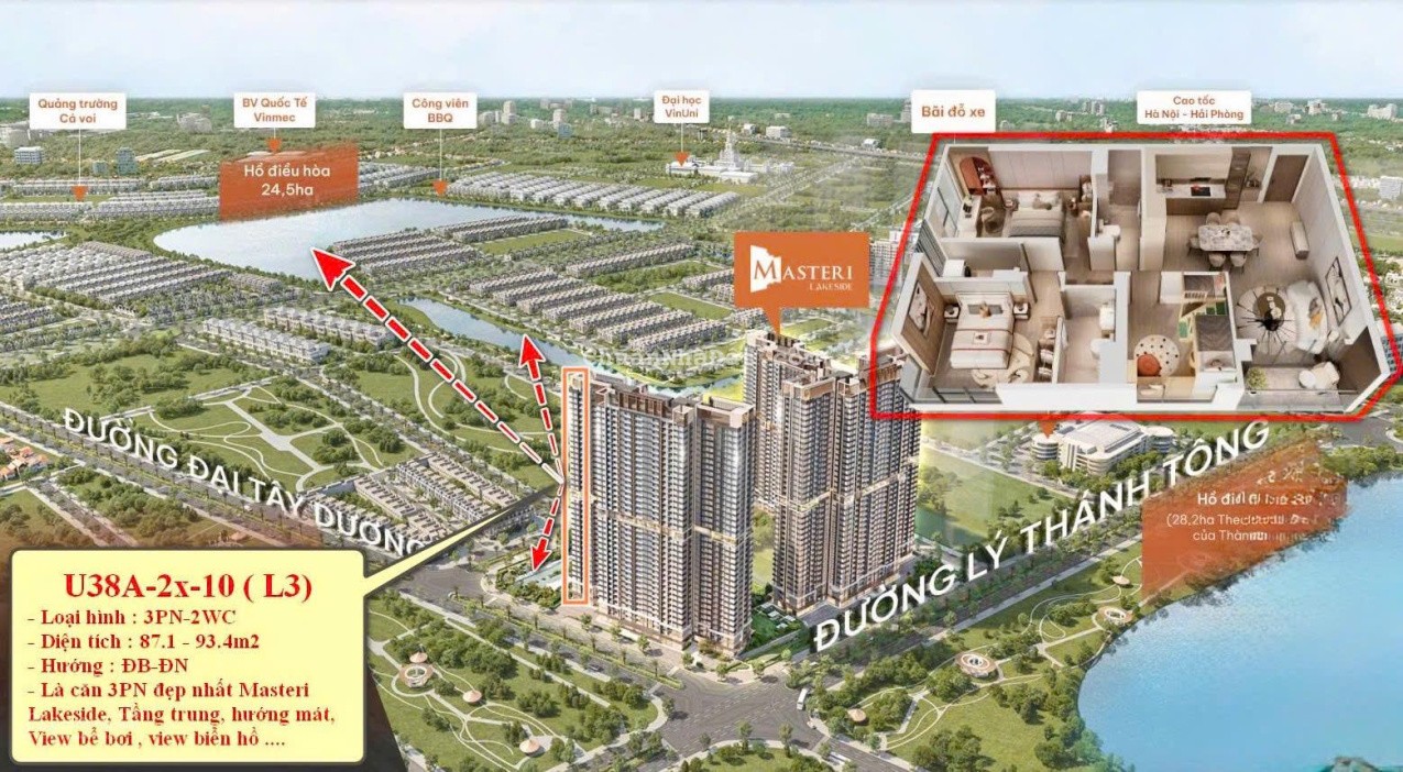 Rẻ nhất thị trường - Căn 3PN view hồ 24.5ha tại PK Masteri Lakeside - Vinhomes Ocean Park