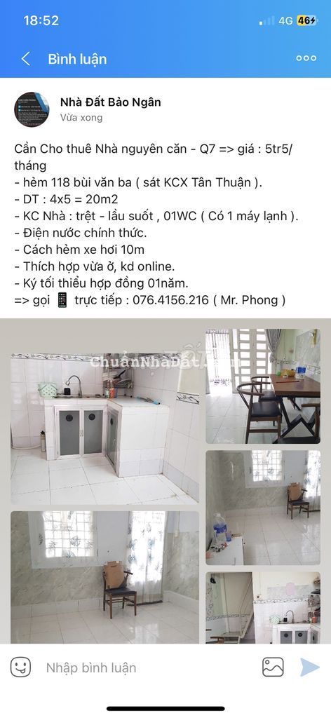 Nhà đường Bùi Văn Ba => 5tr5/ tháng