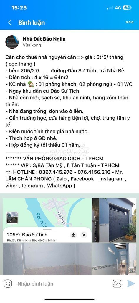Nhà đường Đào Sư Tích , xã Nhà Bè => 5tr5/ tháng